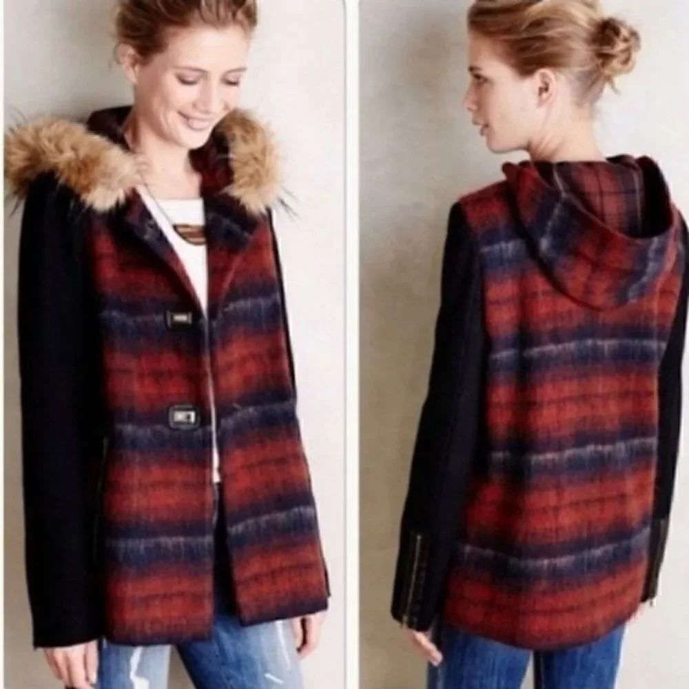 Elevenses Wool blend Hooded Coat with Detachable Faux Fur Tartan Sz XSMALL